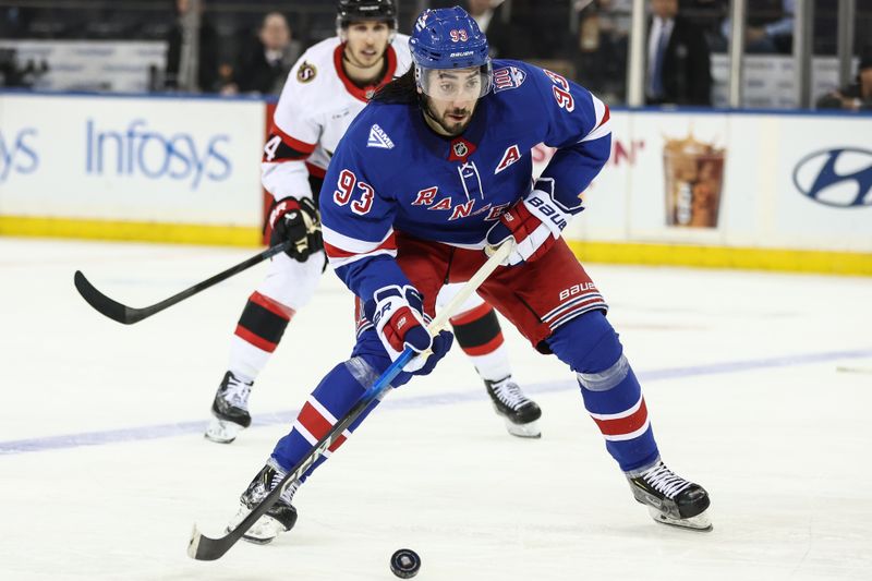 Mar 23, 2026; New York, New York, USA;  New York Rangers center Mika Zibanejad (93) chases the puck in the third period against the Ottawa Senators at Madison Square Garden. Mandatory Credit: Wendell Cruz-Imagn Images