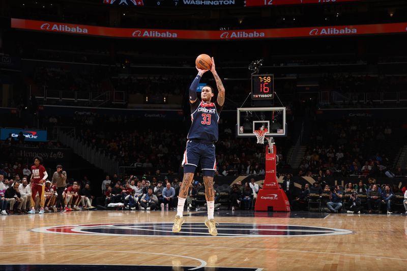 WASHINGTON, DC -? FEBRUARY 7: Kyle Kuzma #33 of the Washington Wizards shoots a three point basket during the game against the Cleveland Cavaliers on February 7, 2024 at Capital One Arena in Washington, DC. NOTE TO USER: User expressly acknowledges and agrees that, by downloading and or using this Photograph, user is consenting to the terms and conditions of the Getty Images License Agreement. Mandatory Copyright Notice: Copyright 2024 NBAE (Photo by Stephen Gosling/NBAE via Getty Images)