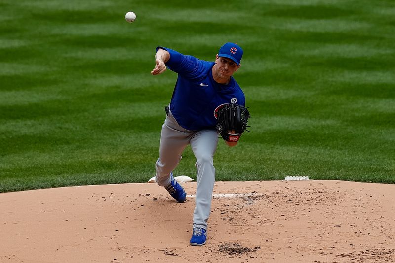 Sep 15, 2024; Denver, Colorado, USA; Chicago Cubs starting pitcher Kyle Hendricks (28) pitches in the first inning against the Colorado Rockies at Coors Field. Mandatory Credit: Isaiah J. Downing-Imagn Images