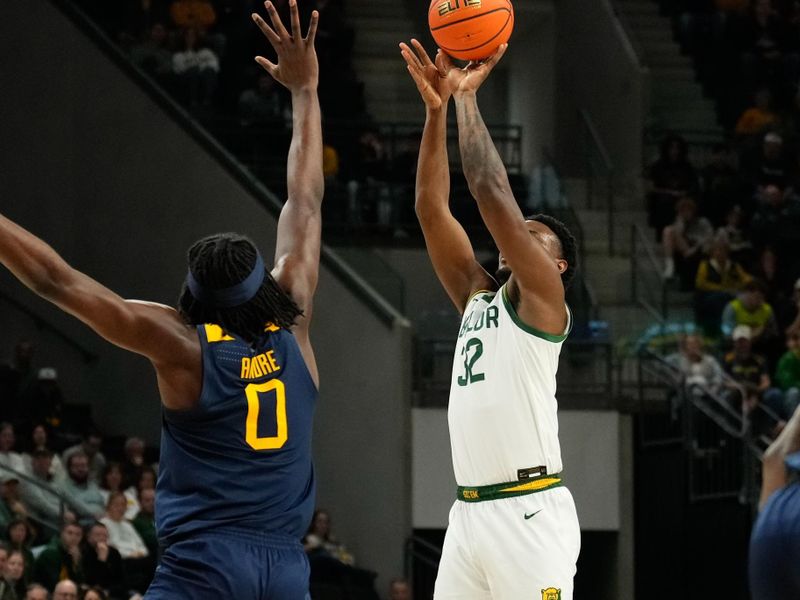 Feb 15, 2025; Waco, Texas, USA; Baylor Bears guard Jalen Celestine (32) scores a three-point basket against West Virginia Mountaineers center Eduardo Andre (0) during the first half at Paul and Alejandra Foster Pavilion. Mandatory Credit: Chris Jones-Imagn Images