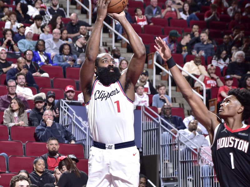 HOUSTON, TX - NOVEMBER 15: James Harden #1 of the LA Clippers shoots the ball during the game against the  Houston Rockets during the Emirates NBA Cup game on November 15, 2024 at the Toyota Center in Houston, Texas. NOTE TO USER: User expressly acknowledges and agrees that, by downloading and or using this photograph, User is consenting to the terms and conditions of the Getty Images License Agreement. Mandatory Copyright Notice: Copyright 2024 NBAE (Photo by Logan Riely/NBAE via Getty Images)