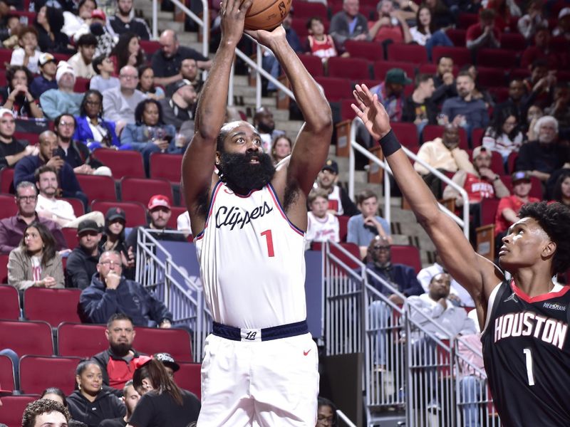 HOUSTON, TX - NOVEMBER 15: James Harden #1 of the LA Clippers shoots the ball during the game against the  Houston Rockets during the Emirates NBA Cup game on November 15, 2024 at the Toyota Center in Houston, Texas. NOTE TO USER: User expressly acknowledges and agrees that, by downloading and or using this photograph, User is consenting to the terms and conditions of the Getty Images License Agreement. Mandatory Copyright Notice: Copyright 2024 NBAE (Photo by Logan Riely/NBAE via Getty Images)