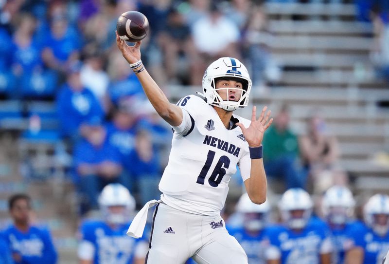 Sep 23, 2022; Colorado Springs, Colorado, USA; Nevada Wolf Pack quarterback Nate Cox (16) passes the ball in the first quarter against the Air Force Falcons at Falcon Stadium. Mandatory Credit: Ron Chenoy-USA TODAY Sports