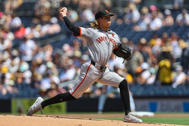 Sep 8, 2024; San Diego, California, USA; San Francisco Giants starting pitcher Spencer Bivens (76) throws during the first inning against the San Diego Padres at Petco Park. Mandatory Credit: Chadd Cady-Imagn Images