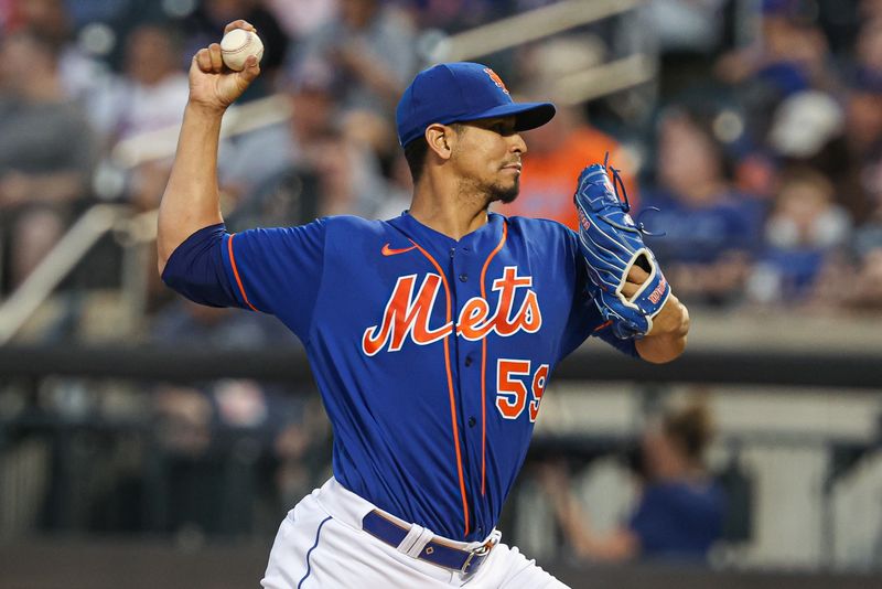 Aug 8, 2023; New York City, New York, USA; New York Mets starting pitcher Carlos Carrasco (59) delivers a pitch during the third inning against the Chicago Cubs at Citi Field. Mandatory Credit: Vincent Carchietta-USA TODAY Sports