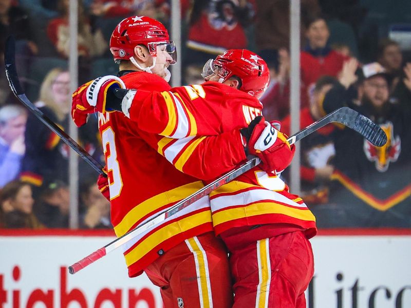 Apr 18, 2024; Calgary, Alberta, CAN; Calgary Flames right wing Adam Klapka (43) celebrates his goal with defenseman MacKenzie Weegar (52) during the first period against the San Jose Sharks at Scotiabank Saddledome. Mandatory Credit: Sergei Belski-USA TODAY Sports