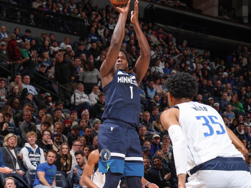 MINNEAPOLIS, MN -  DECEMBER 21: Anthony Edwards #1 of the Minnesota Timberwolves shoots the ball during the game Dallas Mavericks on December 21, 2022 at Target Center in Minneapolis, Minnesota. NOTE TO USER: User expressly acknowledges and agrees that, by downloading and or using this Photograph, user is consenting to the terms and conditions of the Getty Images License Agreement. Mandatory Copyright Notice: Copyright 2022 NBAE (Photo by David Sherman/NBAE via Getty Images)