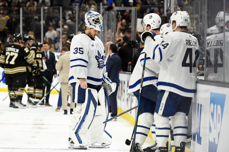 May 4, 2024; Boston, Massachusetts, USA; Toronto Maple Leafs goaltender Ilya Samsonov (35) skates off the ice after the Boston Bruins won in overtime in game seven of the first round of the 2024 Stanley Cup Playoffs at TD Garden. Mandatory Credit: Bob DeChiara-USA TODAY Sports