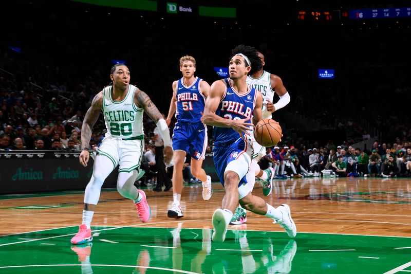 BOSTON, MA - OCTOBER 12: Jared McCain #20 of the Philadelphia 76ers drives to the basket during the game against the Boston Celtics during a NBA Preseason game on October 12, 2024 at TD Garden in Boston, Massachusetts. NOTE TO USER: User expressly acknowledges and agrees that, by downloading and/or using this Photograph, user is consenting to the terms and conditions of the Getty Images License Agreement. Mandatory Copyright Notice: Copyright 2024 NBAE (Photo by Brian Babineau/NBAE via Getty Images)