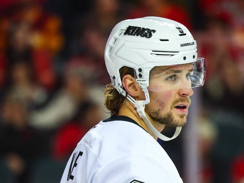 Nov 11, 2024; Calgary, Alberta, CAN; Los Angeles Kings right wing Adrian Kempe (9) during the first period against the Calgary Flames at Scotiabank Saddledome. Mandatory Credit: Sergei Belski-Imagn Images