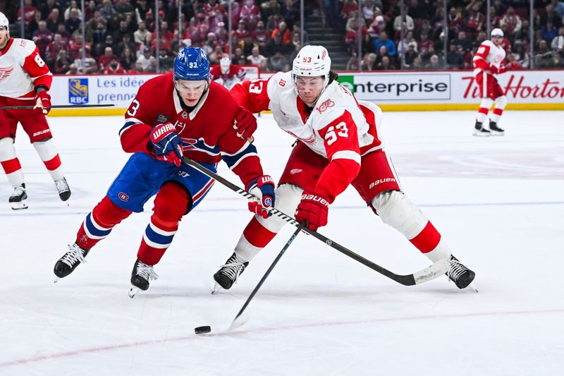 Jan 10, 2026; Montreal, Quebec, CAN; Detroit Red Wings defenseman Moritz Seider (53) defends the puck against Montreal Canadiens right wing Ivan Demidov (93) during the first period at Bell Centre. Mandatory Credit: David Kirouac-Imagn Images Jan 10, 2026; Montreal, Quebec, CAN; Detroit Red Wings defenseman Moritz Seider (53) defends the puck against Montreal Canadiens right wing Ivan Demidov (93) during the first period at Bell Centre. Mandatory Credit: David Kirouac-Imagn Images
