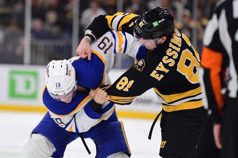 Oct 30, 2025; Boston, Massachusetts, USA; Boston Bruins center Michael Eyssimont (81) fights with Buffalo Sabres center Peyton Krebs (19) during the third period at TD Garden. Mandatory Credit: Bob DeChiara-Imagn Images