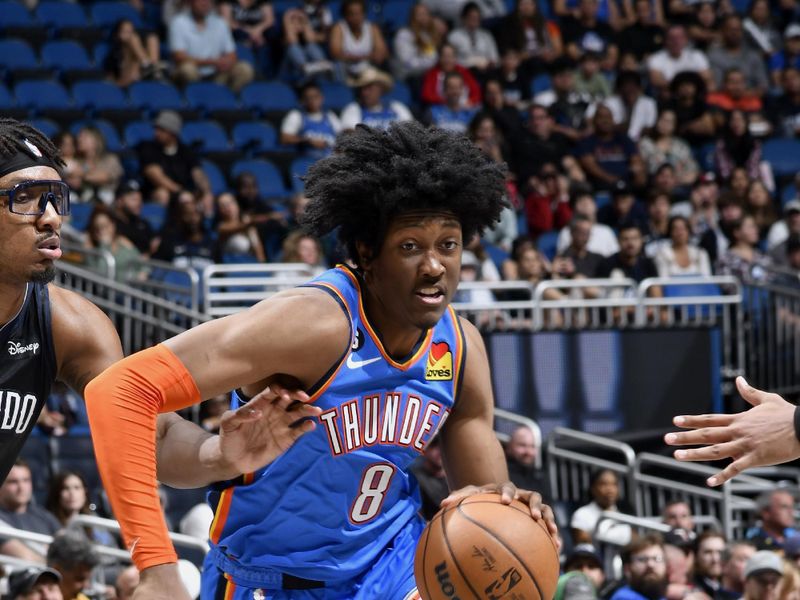 ORLANDO, FL - JANUARY 4: Jalen Williams #8 of the Oklahoma City Thunder dribbles the ball against the Orlando Magic on January 4, 2023 at Amway Center in Orlando, Florida. NOTE TO USER: User expressly acknowledges and agrees that, by downloading and or using this photograph, User is consenting to the terms and conditions of the Getty Images License Agreement. Mandatory Copyright Notice: Copyright 2023 NBAE (Photo by Fernando Medina/NBAE via Getty Images)