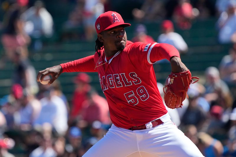 Mar 22, 2024; Tempe, Arizona, USA; Los Angeles Angels relief pitcher Jose Soriano (59) throws against the Chicago White Sox in the first inning at Tempe Diablo Stadium. Mandatory Credit: Rick Scuteri-USA TODAY Sports