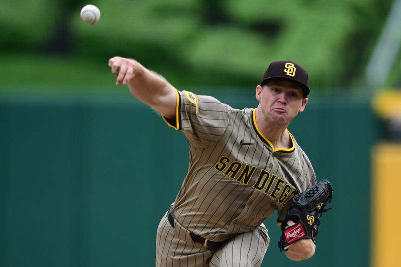 May 4, 2025; Pittsburgh, Pennsylvania, USA; San Diego Padres starting pitcher Stephen Kolek (32) throws a pitch during the first inning against the Pittsburgh Pirates at PNC Park. Mandatory Credit: David Dermer-Imagn Images