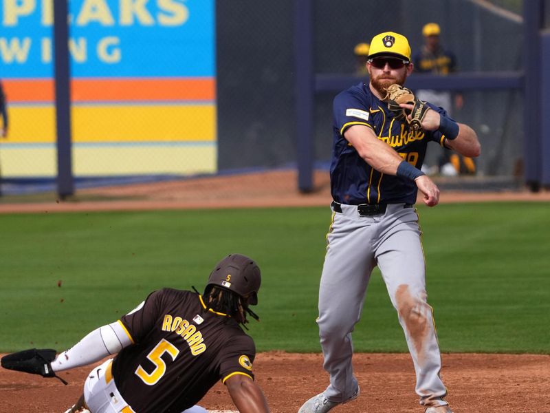 Feb 24, 2024; Peoria, Arizona, USA; Milwaukee Brewers second baseman Oliver Dunn (79) throws to first base to complete a double play after forcing out San Diego Padres third baseman Eguy Rosario (5) at second during the second inning of a Spring Training game at Peoria Sports Complex. Mandatory Credit: Joe Camporeale-USA TODAY Sports