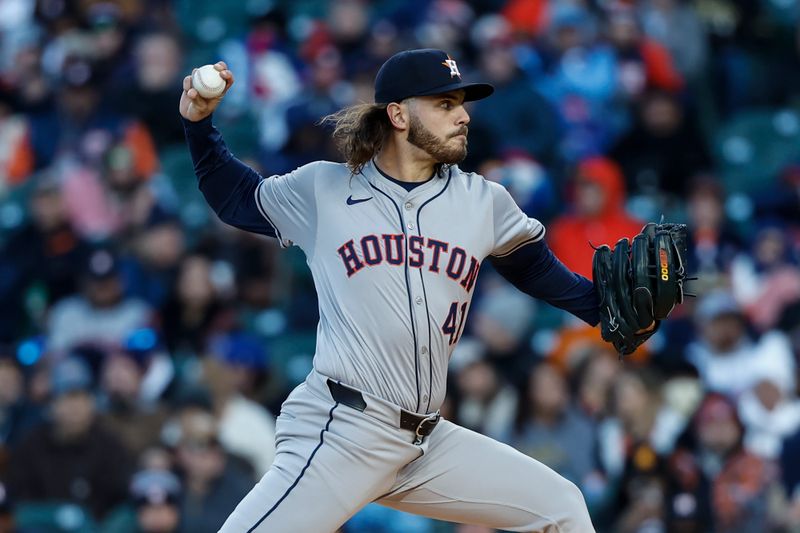 Apr 24, 2024; Chicago, Illinois, USA; Houston Astros starting pitcher Spencer Arrighetti (41) delivers a pitch against the Chicago Cubs during the first inning at Wrigley Field. Mandatory Credit: Kamil Krzaczynski-USA TODAY Sports