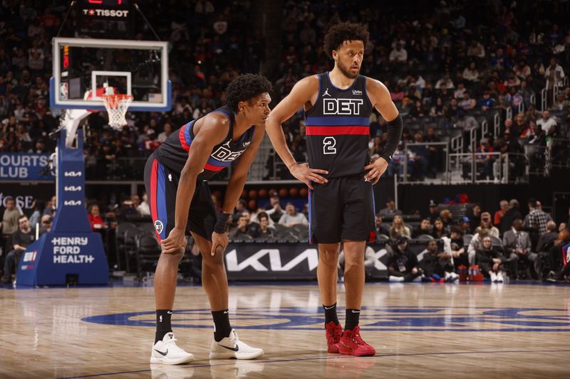 DETROIT, MI - MARCH 1: Ausar Thompson #9 and Cade Cunningham #2 of the Detroit Pistons during the game against the Cleveland Cavaliers on March 1, 2024 at Little Caesars Arena in Detroit, Michigan. NOTE TO USER: User expressly acknowledges and agrees that, by downloading and/or using this photograph, User is consenting to the terms and conditions of the Getty Images License Agreement. Mandatory Copyright Notice: Copyright 2024 NBAE (Photo by Brian Sevald/NBAE via Getty Images)