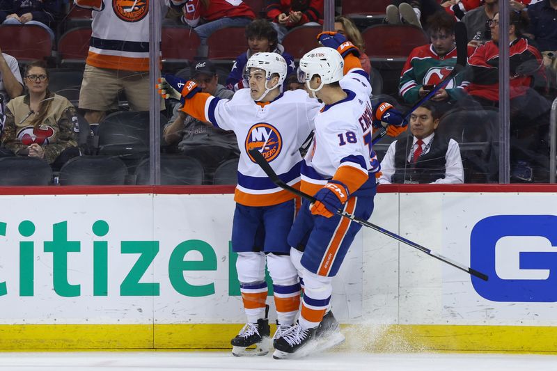 Apr 15, 2024; Newark, New Jersey, USA; New York Islanders center Jean-Gabriel Pageau (44) celebrates his goal against the New Jersey Devils during the first period at Prudential Center. Mandatory Credit: Ed Mulholland-USA TODAY Sports