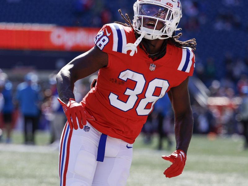 New England Patriots running back Rhamondre Stevenson (38) on the field before the start of NFL football game against the Detroit Lions, Sunday, Oct. 9, 2022, in Foxborough, Mass. (AP Photo/Greg M. Cooper)