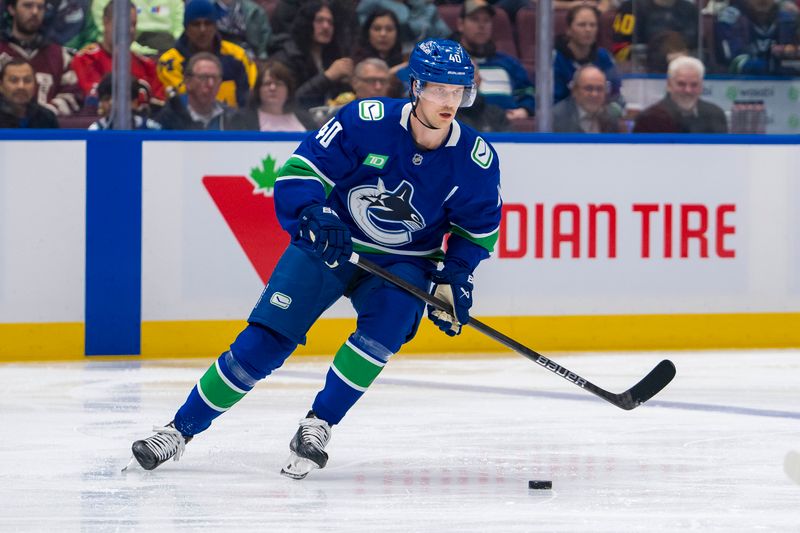 Nov 12, 2024; Vancouver, British Columbia, CAN; Vancouver Canucks forward Elias Pettersson (40) handles the puck against the Calgary Flames during the first period at Rogers Arena. Mandatory Credit: Bob Frid-Imagn Images