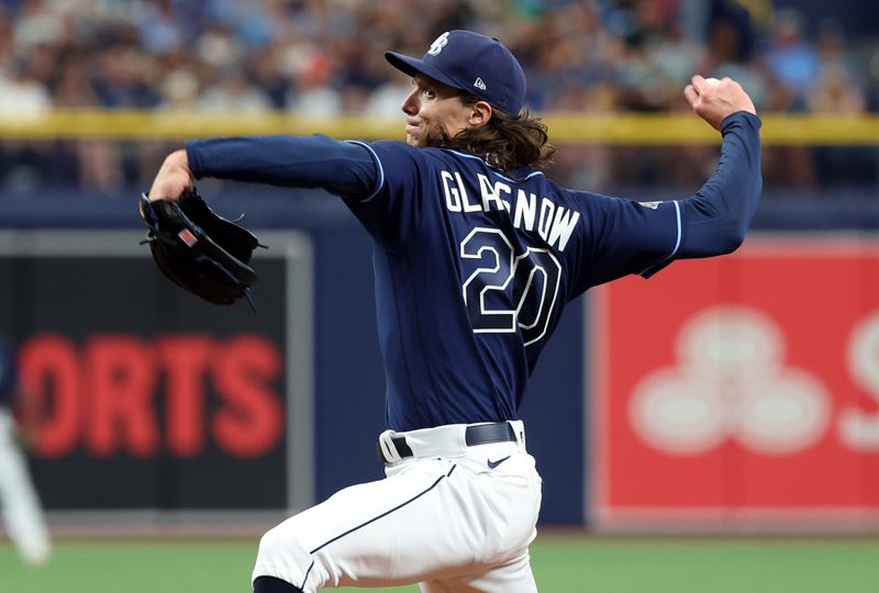 May 27, 2023; St. Petersburg, Florida, USA;  Tampa Bay Rays starting pitcher Tyler Glasnow (20) throws a pitch during the second inning against the Los Angeles Dodgers at Tropicana Field. Mandatory Credit: Kim Klement-USA TODAY Sports