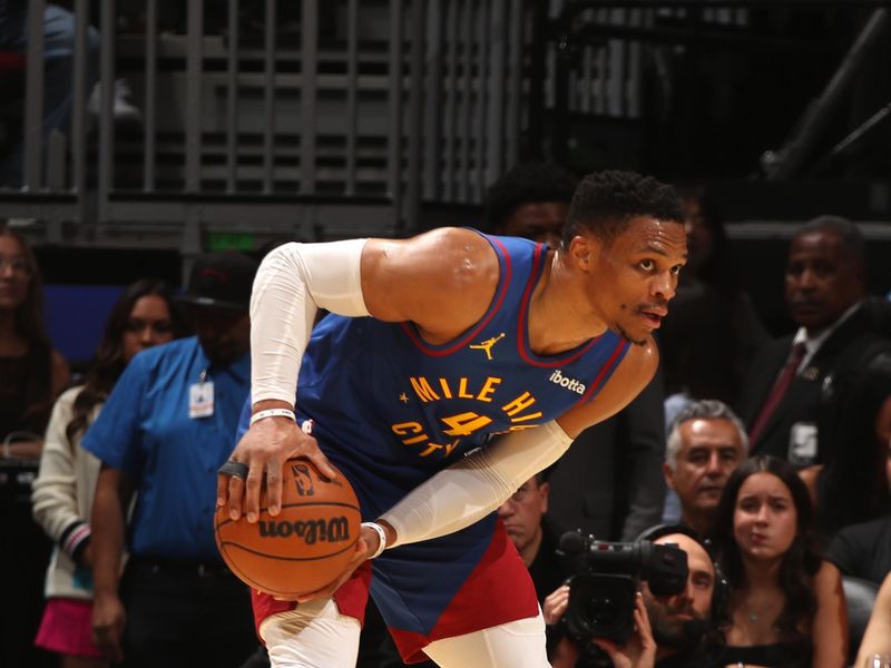 MIAMI, FL - JANUARY 17: Russell Westbrook #4 of the Denver Nuggets looks on during the game against the Miami Heat on January 17, 2025 at Kaseya Center in Miami, Florida. NOTE TO USER: User expressly acknowledges and agrees that, by downloading and or using this Photograph, user is consenting to the terms and conditions of the Getty Images License Agreement. Mandatory Copyright Notice: Copyright 2025 NBAE (Photo by Issac Baldizon/NBAE via Getty Images)