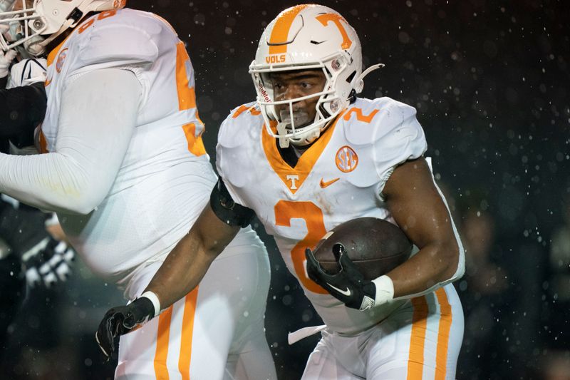 Nov 26, 2022; Nashville, Tennessee, USA;   
Tennessee Volunteers running back Jabari Small (2) carries the ball against the Vanderbilt Commodores during the first quarter at FirstBank Stadium. Mandatory Credit: George Walker IV - USA TODAY Sports