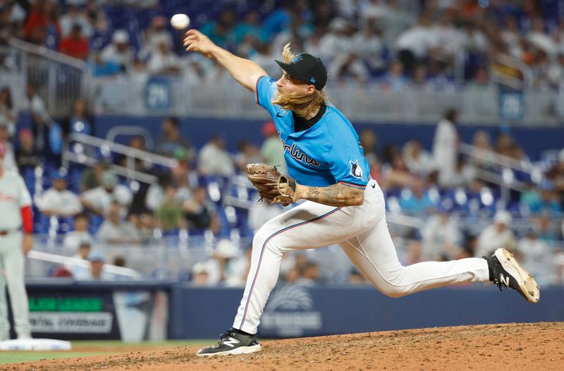 Sep 8, 2024; Miami, Florida, USA;  Miami Marlins relief pitcher Lake Bachar (84) pitches against the Philadelphia Phillies in the seventh inning at loanDepot Park. Mandatory Credit: Rhona Wise-Imagn Images