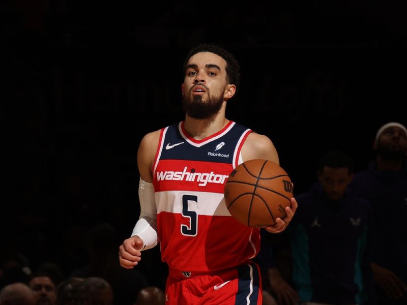 WASHINGTON, DC -? MARCH 8:  Tyus Jones #5 of the Washington Wizards handles the ball during the game  on March 8, 2024 at Capital One Arena in Washington, DC. NOTE TO USER: User expressly acknowledges and agrees that, by downloading and or using this Photograph, user is consenting to the terms and conditions of the Getty Images License Agreement. Mandatory Copyright Notice: Copyright 2024 NBAE (Photo by Stephen Gosling/NBAE via Getty Images)