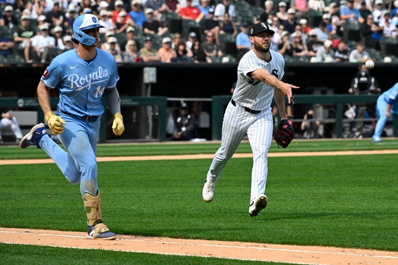 Jun 7, 2025; Chicago, Illinois, USA;  Chicago White Sox pitcher Adrian Houser (57) throws out Kansas City Royals right fielder Jac Caglianone (14) at first base during the fourth inning at Rate Field. Mandatory Credit: Matt Marton-Imagn Images