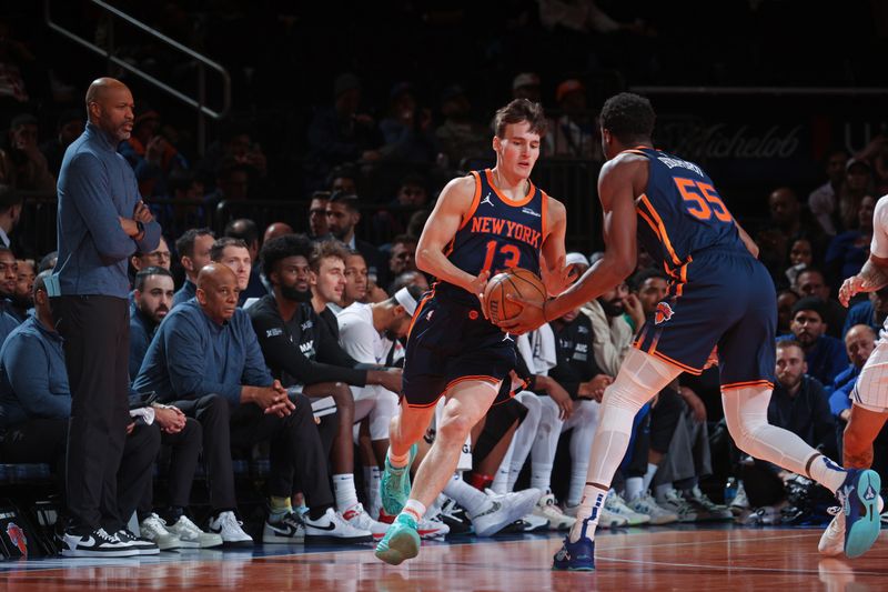 NEW YORK, NY - DECEMBER 3: Tyler Kolek #13 of the New York Knicks handles the ball during the game against the Orlando Magic during the Emirates NBA Cup on December 3, 2024 at Madison Square Garden in New York City, New York.  NOTE TO USER: User expressly acknowledges and agrees that, by downloading and or using this photograph, User is consenting to the terms and conditions of the Getty Images License Agreement. Mandatory Copyright Notice: Copyright 2024 NBAE  (Photo by Nathaniel S. Butler/NBAE via Getty Images)