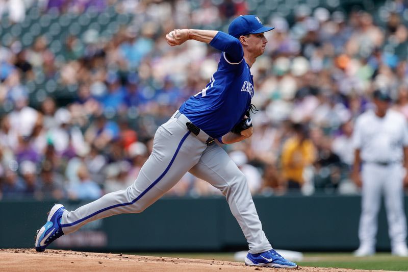 Jul 7, 2024; Denver, Colorado, USA; Kansas City Royals starting pitcher Brady Singer (51) pitches in the first inning against the Colorado Rockies at Coors Field. Mandatory Credit: Isaiah J. Downing-USA TODAY Sports