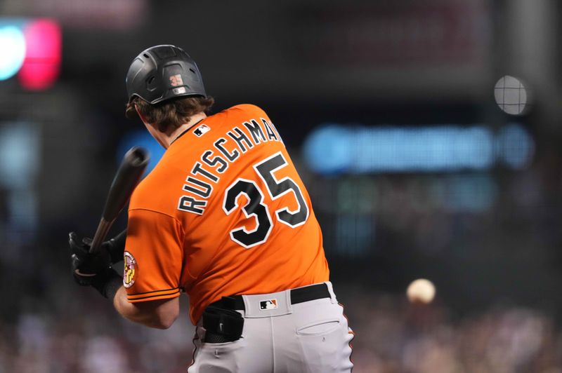 Sep 2, 2023; Phoenix, Arizona, USA; Baltimore Orioles designated hitter Adley Rutschman (35) against the Arizona Diamondbacks at Chase Field. Mandatory Credit: Joe Camporeale-USA TODAY Sports