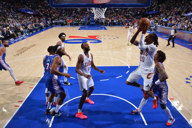 PHILADELPHIA, PA - NOVEMBER 13: Darius Garland #10 of the Cleveland Cavaliers drives to the basket during the game against the Philadelphia 76ers on November 13, 2024 at the Wells Fargo Center in Philadelphia, Pennsylvania NOTE TO USER: User expressly acknowledges and agrees that, by downloading and/or using this Photograph, user is consenting to the terms and conditions of the Getty Images License Agreement. Mandatory Copyright Notice: Copyright 2024 NBAE (Photo by Jesse D. Garrabrant/NBAE via Getty Images)