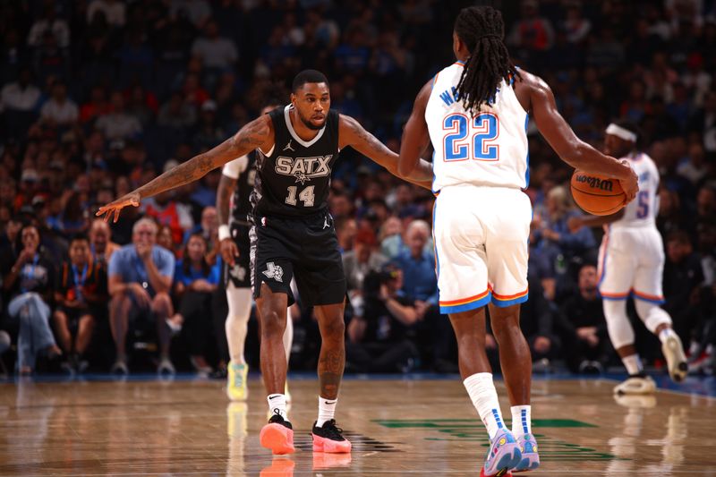 OKLAHOMA CITY, OK - OCTOBER 30: Blake Wesley #14 of the San Antonio Spurs plays defense during the game against the Oklahoma City Thunder on October 30, 2024 at Paycom Arena in Oklahoma City, Oklahoma. NOTE TO USER: User expressly acknowledges and agrees that, by downloading and or using this photograph, User is consenting to the terms and conditions of the Getty Images License Agreement. Mandatory Copyright Notice: Copyright 2024 NBAE (Photo by Zach Beeker/NBAE via Getty Images)