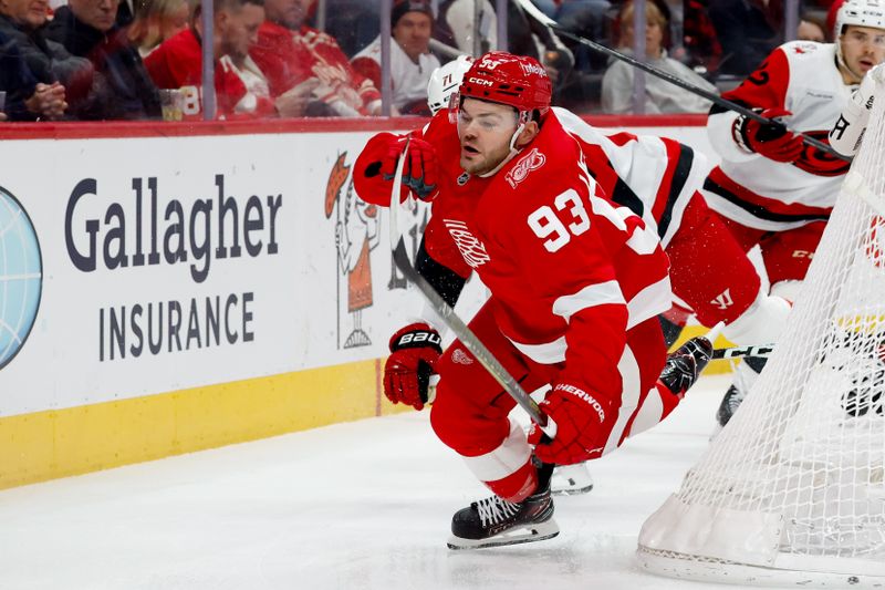 Jan 12, 2026; Detroit, Michigan, USA;  Detroit Red Wings right wing Alex DeBrincat (93) skates in the first period against the Carolina Hurricanes at Little Caesars Arena. Mandatory Credit: Rick Osentoski-Imagn Images
