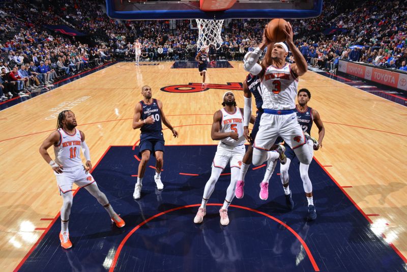 PHILADELPHIA, PA - FEBRUARY 22: Josh Hart #3 of the New York Knicks drives to the basket during the game against the Philadelphia 76ers on February 22, 2024 at the Wells Fargo Center in Philadelphia, Pennsylvania NOTE TO USER: User expressly acknowledges and agrees that, by downloading and/or using this Photograph, user is consenting to the terms and conditions of the Getty Images License Agreement. Mandatory Copyright Notice: Copyright 2024 NBAE (Photo by Jesse D. Garrabrant/NBAE via Getty Images)