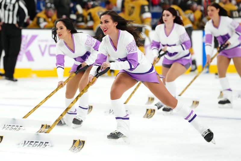 Nov 25, 2023; Las Vegas, Nevada, USA; The Knight's Guard ice crew wears Hockey Fights Cancer jerseys during the second period of a game between the Vegas Golden Knights and the Arizona Coyotes at T-Mobile Arena. Mandatory Credit: Stephen R. Sylvanie-USA TODAY Sports