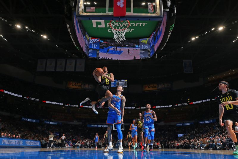 OKLAHOMA CITY, OK - MARCH 20:  Brice Sensabaugh #8 of the Utah Jazz shoots the ball during the game against the Oklahoma City Thunder on March 20, 2024 at Paycom Arena in Oklahoma City, Oklahoma. NOTE TO USER: User expressly acknowledges and agrees that, by downloading and or using this photograph, User is consenting to the terms and conditions of the Getty Images License Agreement. Mandatory Copyright Notice: Copyright 2024 NBAE (Photo by Zach Beeker/NBAE via Getty Images)