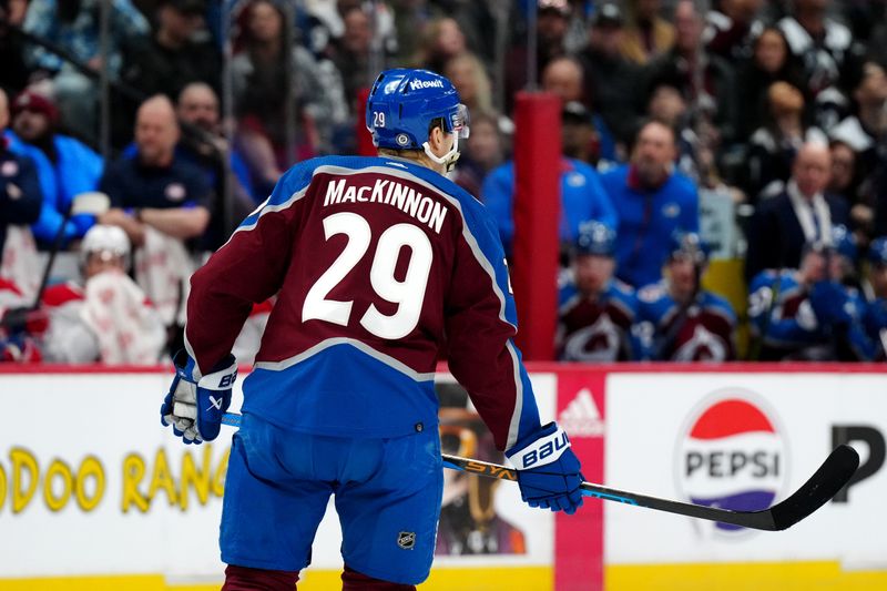 Mar 26, 2024; Denver, Colorado, USA; Colorado Avalanche center Nathan MacKinnon (29) during the first period against the Montreal Canadiens at Ball Arena. Mandatory Credit: Ron Chenoy-USA TODAY Sports