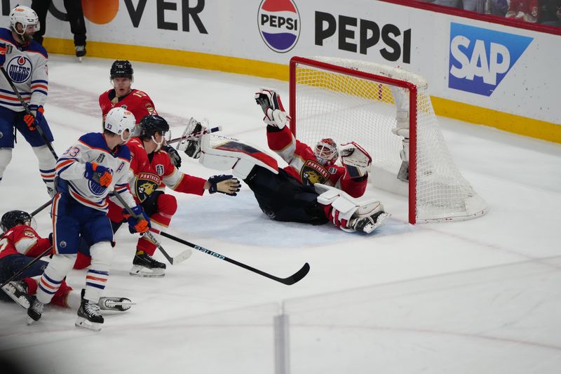Jun 24, 2024; Sunrise, Florida, USA; Florida Panthers goaltender Sergei Bobrovsky (72) defends against Edmonton Oilers during the third period in game seven of the 2024 Stanley Cup Final at Amerant Bank Arena. Mandatory Credit: Jim Rassol-USA TODAY Sports