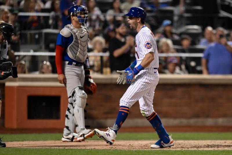 Aug 9, 2023; New York City, New York, USA; New York Mets second baseman Jeff McNeil (1) reacts after hitting a home run against the Chicago Cubs during the sixth inning at Citi Field. Mandatory Credit: John Jones-USA TODAY Sports