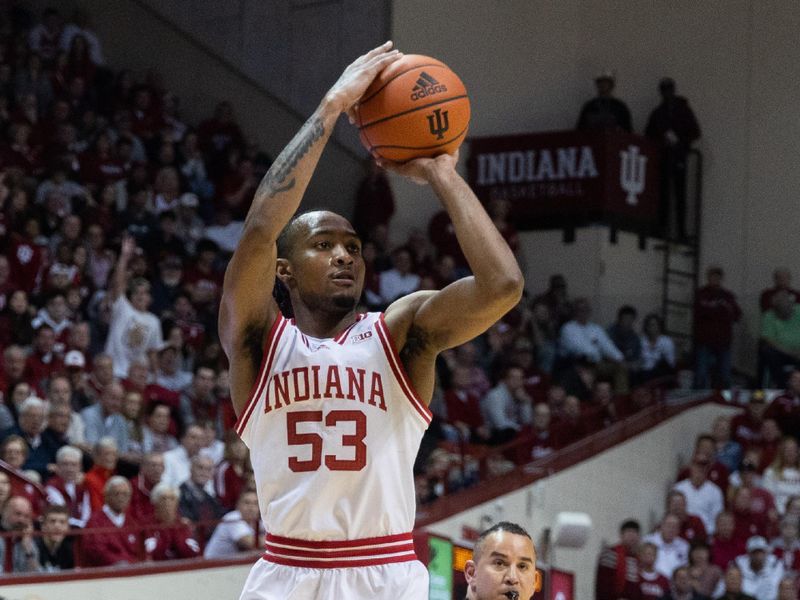 Jan 22, 2023; Bloomington, Indiana, USA; Indiana Hoosiers guard Tamar Bates (53) shoots the ball in the first half against the Michigan State Spartans at Simon Skjodt Assembly Hall. Mandatory Credit: Trevor Ruszkowski-USA TODAY Sports