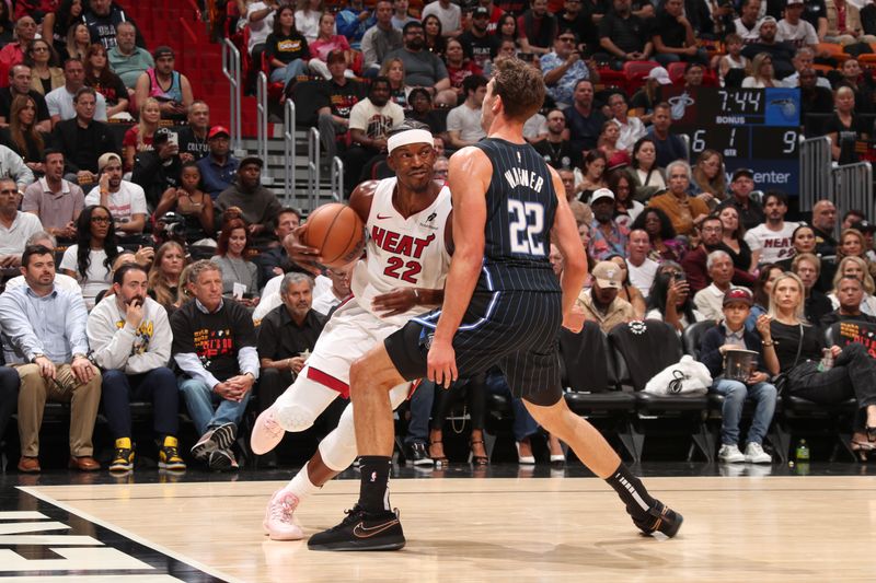 MIAMI, FL - OCTOBER 23: Jimmy Butler #22 of the Miami Heat handles the ball during the game against the Orlando Magic on October 23, 2024 at Kaseya Center in Miami, Florida. NOTE TO USER: User expressly acknowledges and agrees that, by downloading and or using this Photograph, user is consenting to the terms and conditions of the Getty Images License Agreement. Mandatory Copyright Notice: Copyright 2024 NBAE (Photo by Issac Baldizon/NBAE via Getty Images)