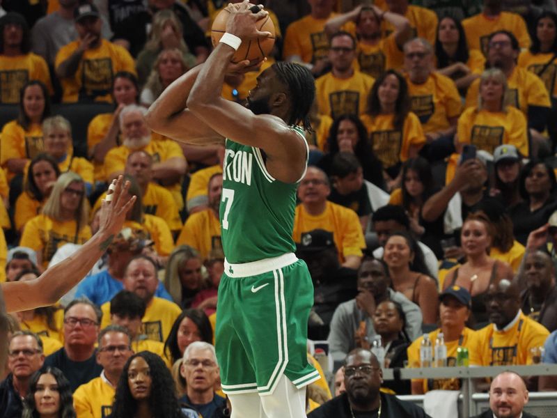 INDIANAPOLIS, IN - MAY 27: Jaylen Brown #7 of the Boston Celtics shoots the ball during the game against the Indiana Pacers during Game 4 of the Eastern Conference Finals of the 2024 NBA Playoffs on May 27, 2024 at Gainbridge Fieldhouse in Indianapolis, Indiana. NOTE TO USER: User expressly acknowledges and agrees that, by downloading and or using this Photograph, user is consenting to the terms and conditions of the Getty Images License Agreement. Mandatory Copyright Notice: Copyright 2024 NBAE (Photo by Ron Hoskins/NBAE via Getty Images)