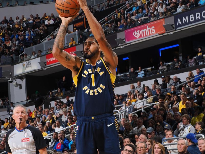 INDIANAPOLIS, IN - NOVEMBER 25: Obi Toppin #1 of the Indiana Pacers shoots a three point basket during the game against the New Orleans Pelicans on November 25, 2024 at Gainbridge Fieldhouse in Indianapolis, Indiana. NOTE TO USER: User expressly acknowledges and agrees that, by downloading and or using this Photograph, user is consenting to the terms and conditions of the Getty Images License Agreement. Mandatory Copyright Notice: Copyright 2024 NBAE (Photo by Ron Hoskins/NBAE via Getty Images)