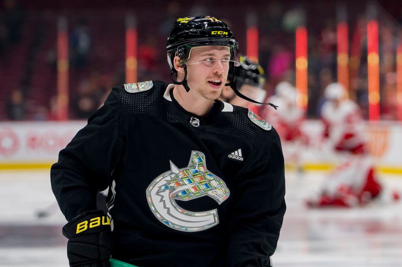 Feb 13, 2023; Vancouver, British Columbia, CAN; Vancouver Canucks forward Anthony Beauvillier (72) skates during warm up prior to a game against the Detroit Red Wings at Rogers Arena. Mandatory Credit: Bob Frid-USA TODAY Sports