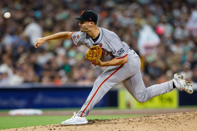 Sep 6, 2024; San Diego, California, USA; San Francisco Giants starting pitcher Mason Black (47) throws a pitch during the fifth inning against the San Diego Padres at Petco Park. Mandatory Credit: David Frerker-Imagn Images