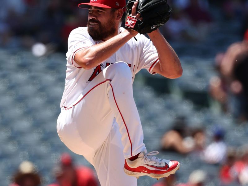 Jun 26, 2024; Anaheim, California, USA;  Los Angeles Angels relief pitcher Matt Moore (55) pitches during the sixth inning against the Oakland Athletics at Angel Stadium. Mandatory Credit: Kiyoshi Mio-USA TODAY Sports